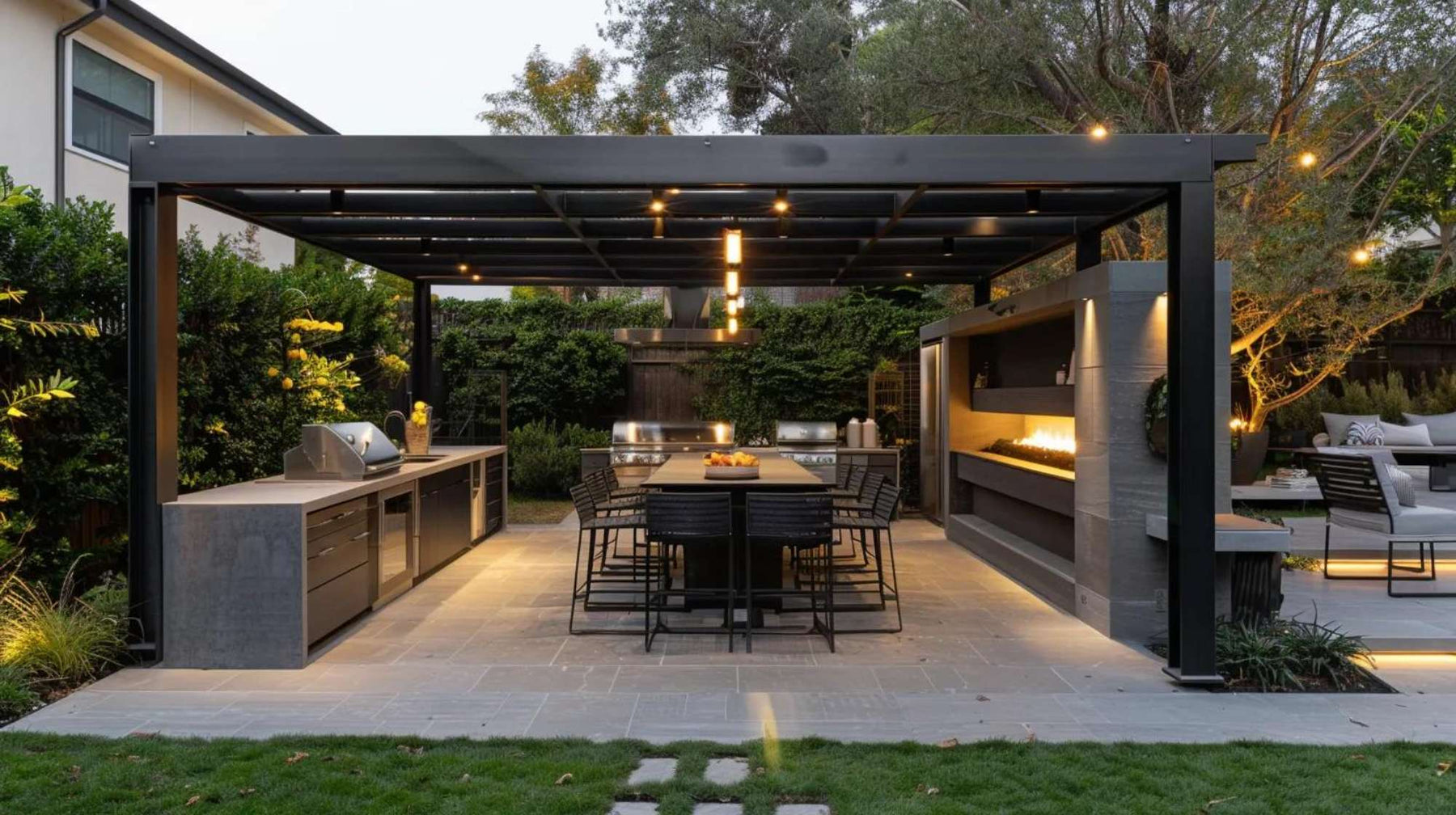Modern pergola with an outdoor kitchen, long dining table, soft lighting, and built-in fireplace creates an elegant space ideal for hosting and generating farm to table dinner income