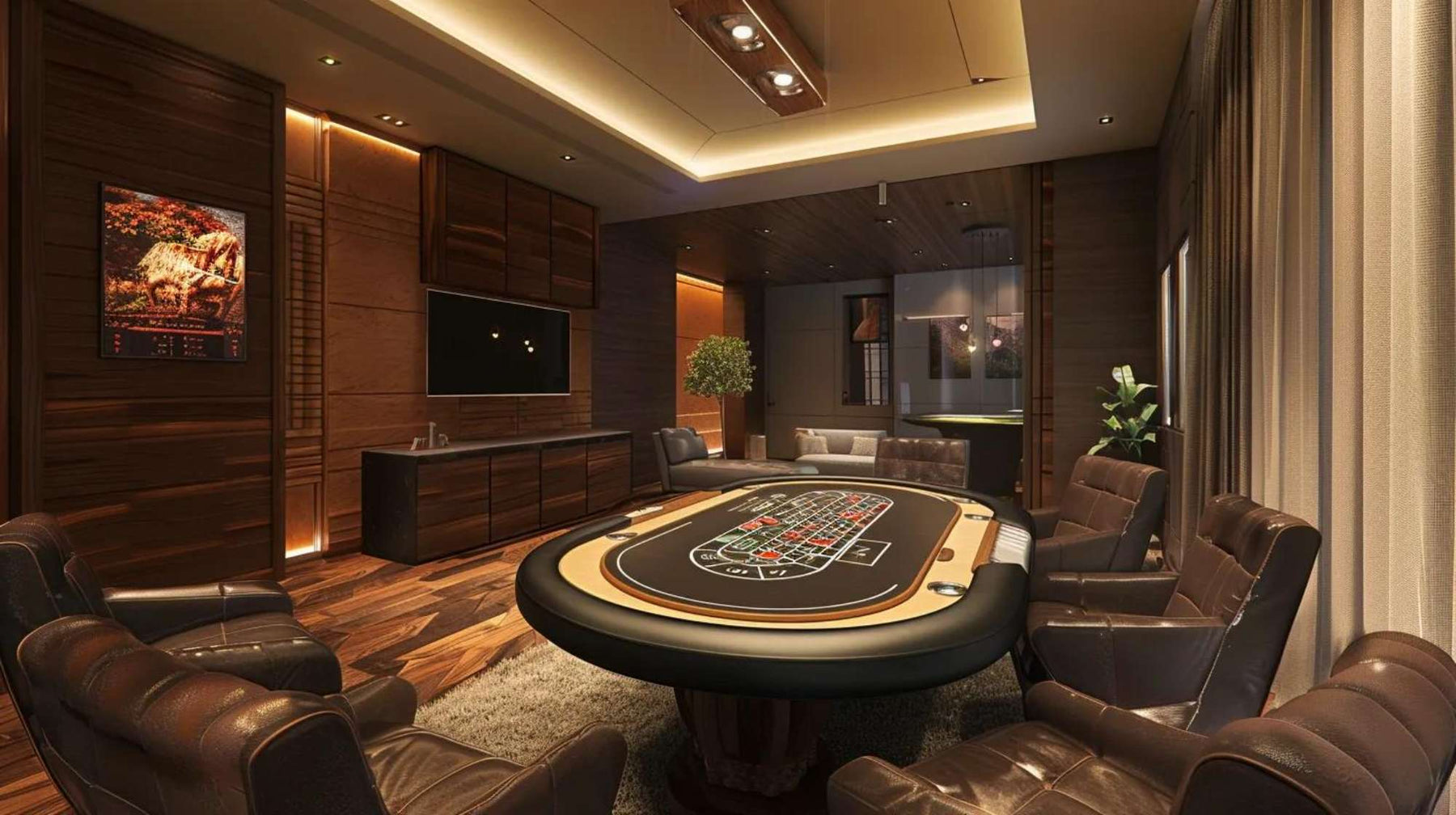 Modern poker room ideas featuring a luxury poker table, plush leather chairs, warm wood paneling, and ambient LED lighting