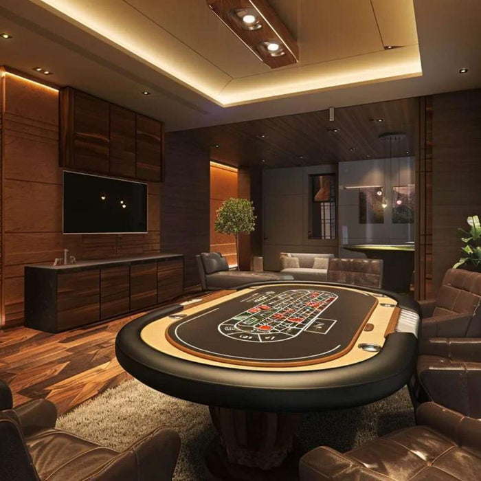 Modern poker room ideas featuring a luxury poker table, plush leather chairs, warm wood paneling, and ambient LED lighting