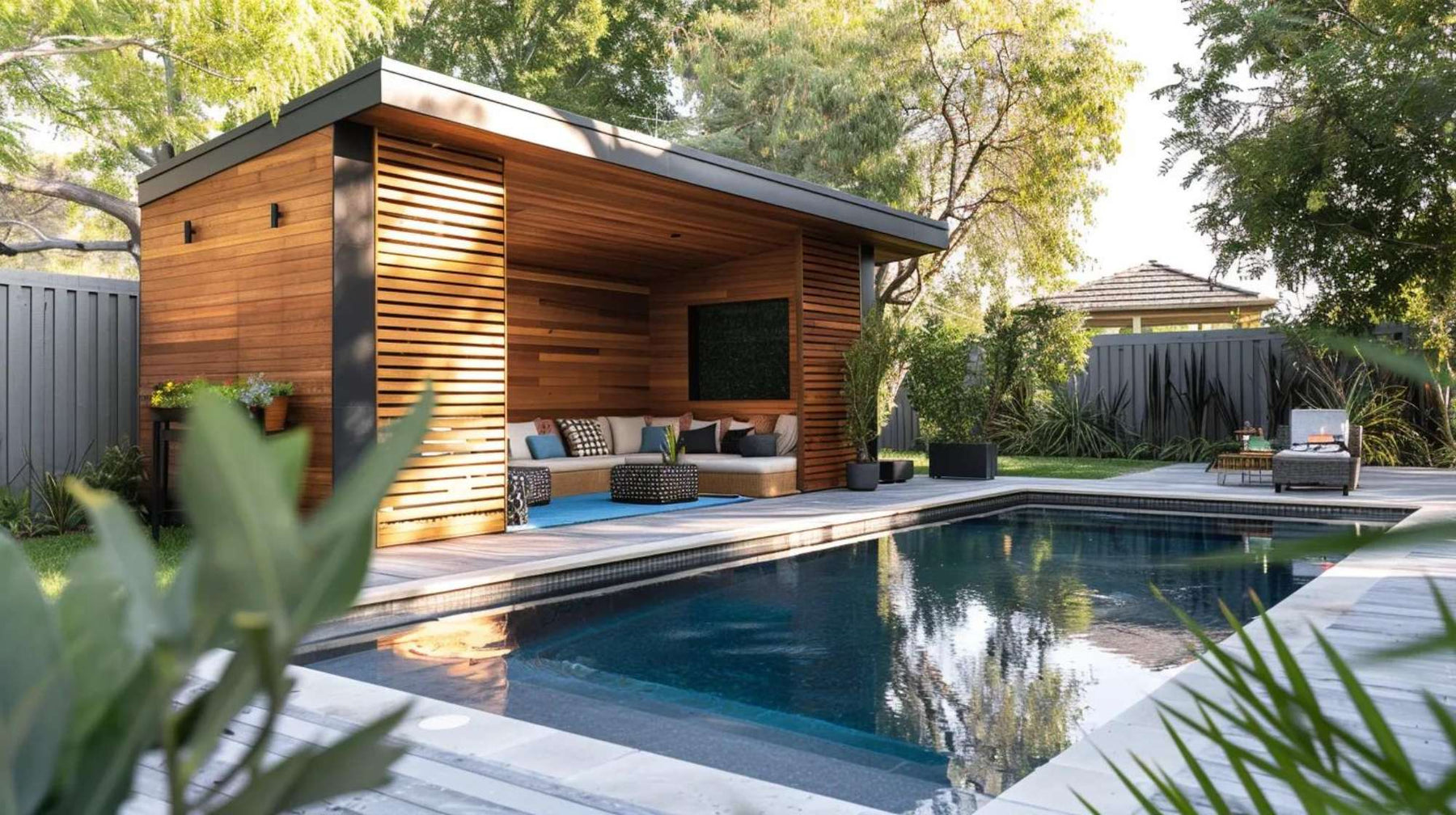 Modern poolside cabana with wood slat walls and lounge seating highlights outdoor storage sheds trends in a landscaped backyard