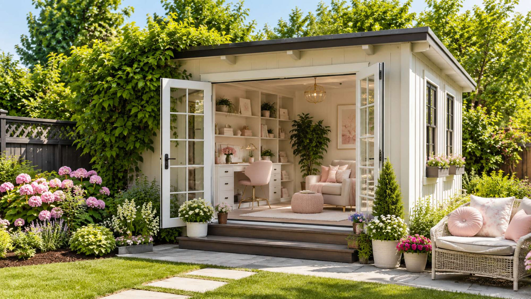 Modern she sheds with French doors, cozy interiors, and colorful garden landscaping in a sunny backyard
