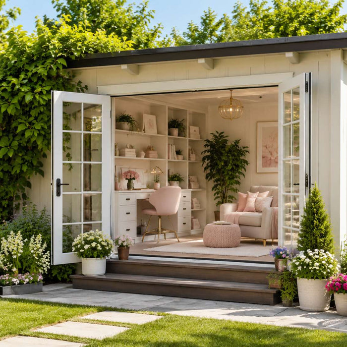 Modern she sheds with French doors, cozy interiors, and colorful garden landscaping in a sunny backyard