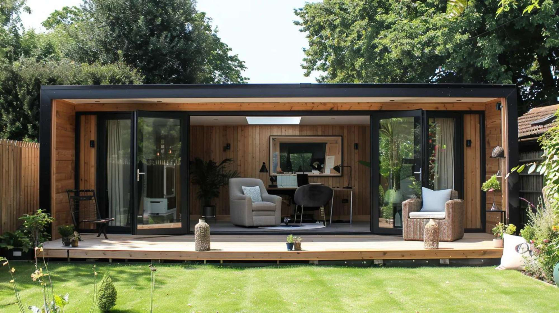 Modern she sheds with floor-to-ceiling glass doors, a wooden interior workspace, cozy lounge seating, and a deck overlooking a landscaped backyard