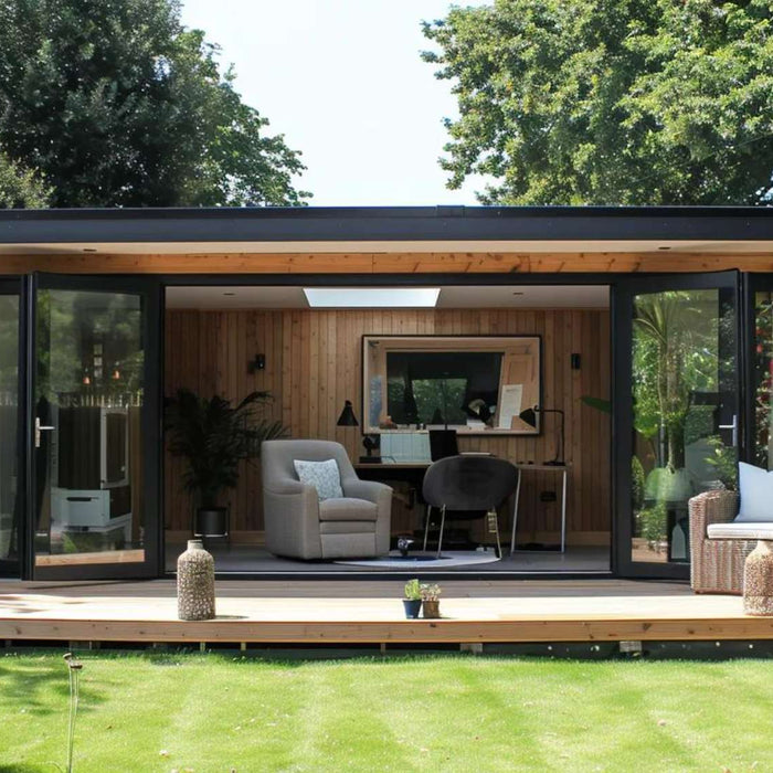 Modern she sheds with floor-to-ceiling glass doors, a wooden interior workspace, cozy lounge seating, and a deck overlooking a landscaped backyard