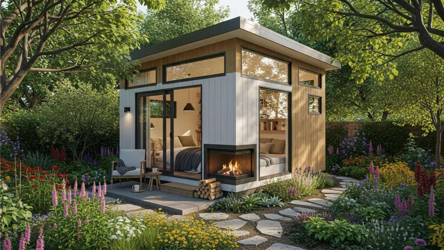 Modern tiny home with large windows and garden path, featuring micro home storage hacks for small-space living