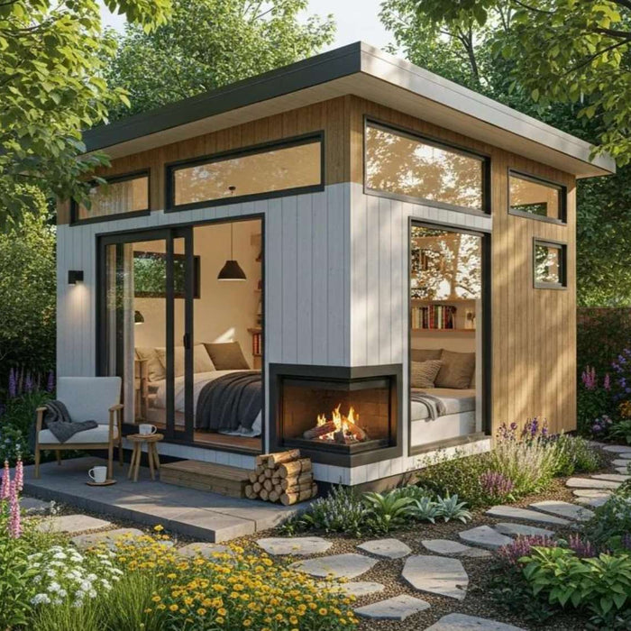 Modern tiny home with large windows and garden path, featuring micro home storage hacks for small-space living