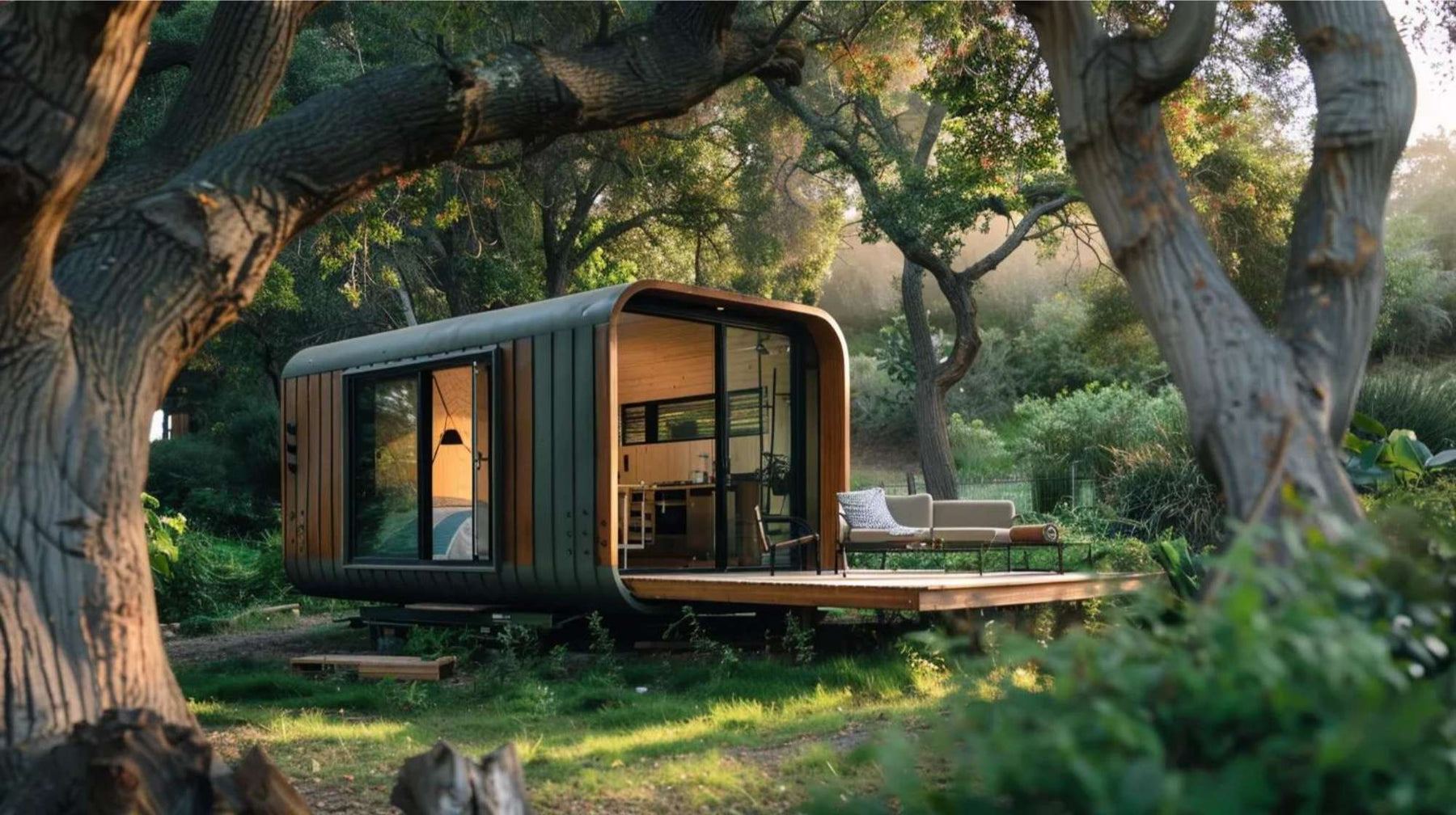 Modern tiny house with a deck in a forest, featuring smart micro home living tips for compact outdoor living
