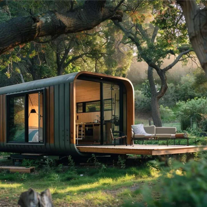 Modern tiny house with a deck in a forest, featuring smart micro home living tips for compact outdoor living