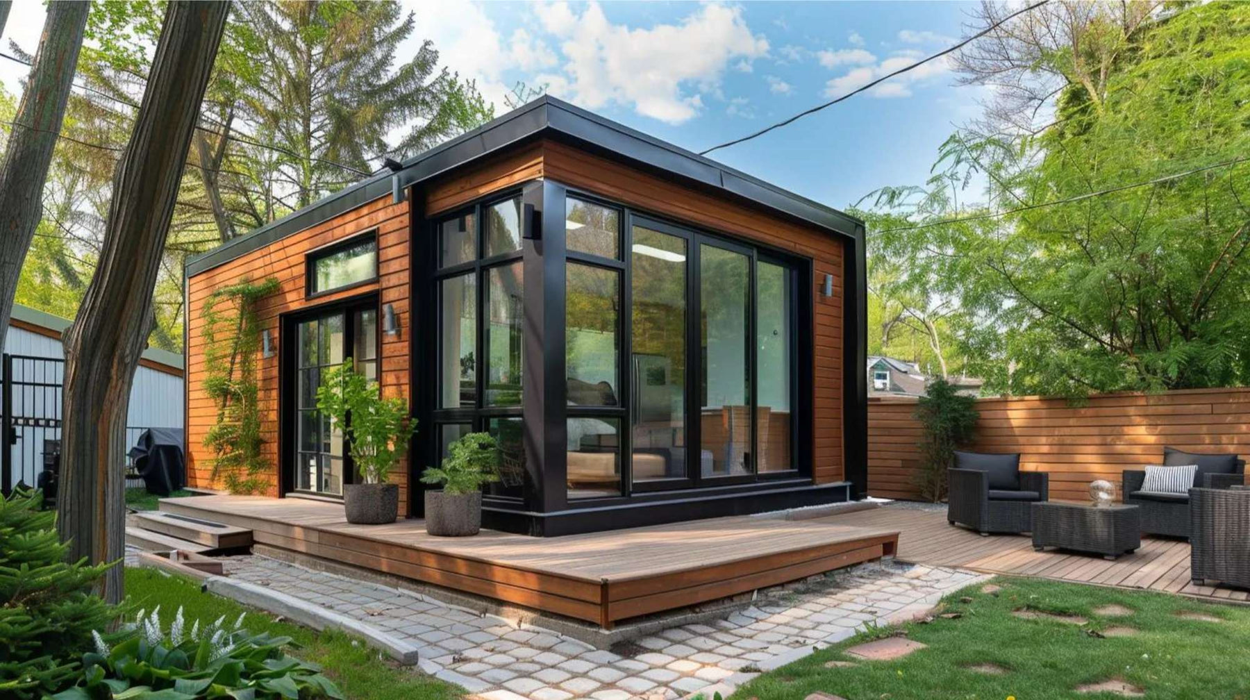Modern tiny house with large windows and deck, perfect as a micro home on Airbnb surrounded by greenery
