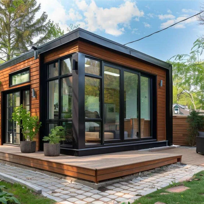 Modern tiny house with large windows and deck, perfect as a micro home on Airbnb surrounded by greenery