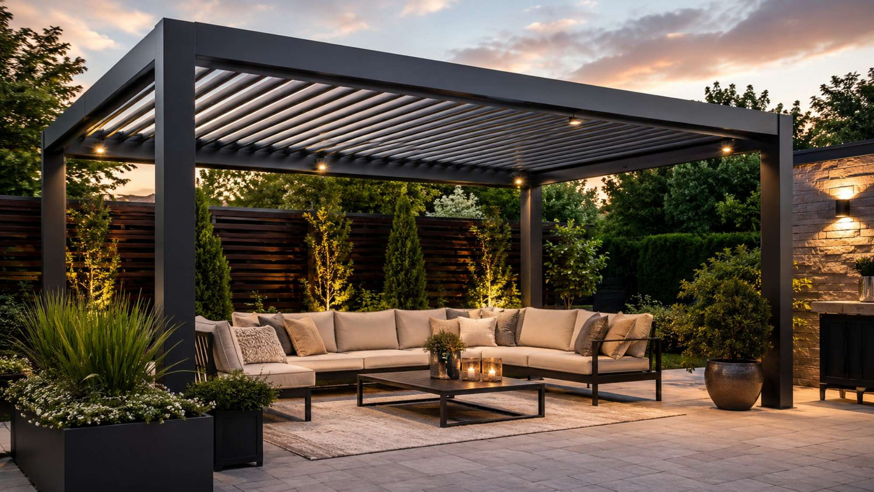 Modern waterproof pergola with outdoor lounge furniture on a spacious backyard patio beneath an adjustable louvered roof