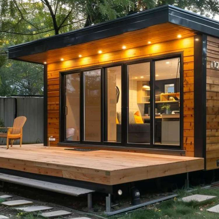 Modern wooden backyard ADU with large glass doors and a small deck, showing ADU property value increase through added living space