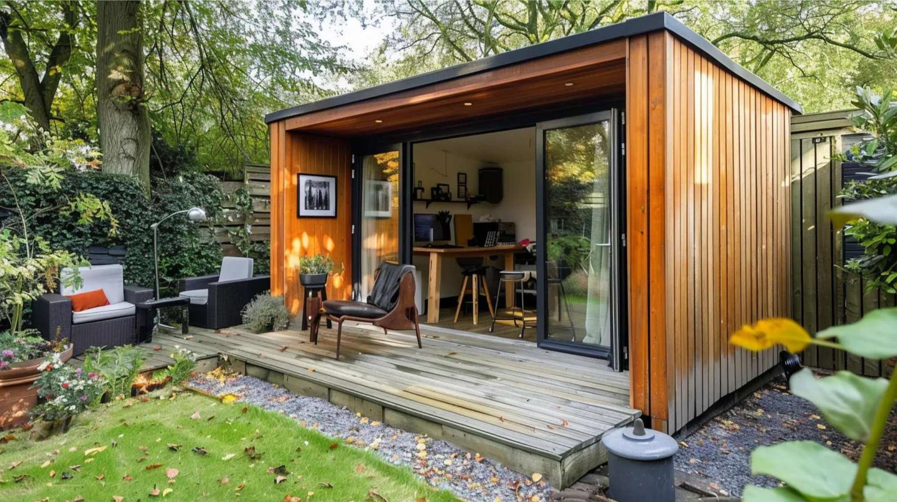 Modern wooden backyard art studio rental with large glass doors, a small deck, and cozy outdoor seating surrounded by trees and greenery