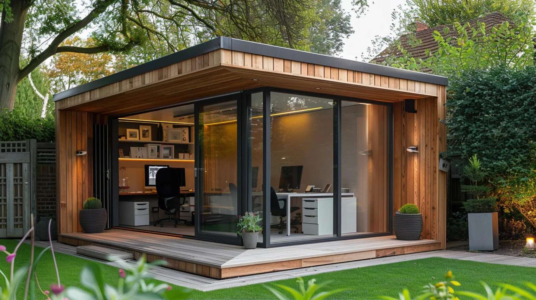 Modern wooden backyard office with large glass walls, desks, and computers inside, designed as a stylish shed coworking rental for focused remote work