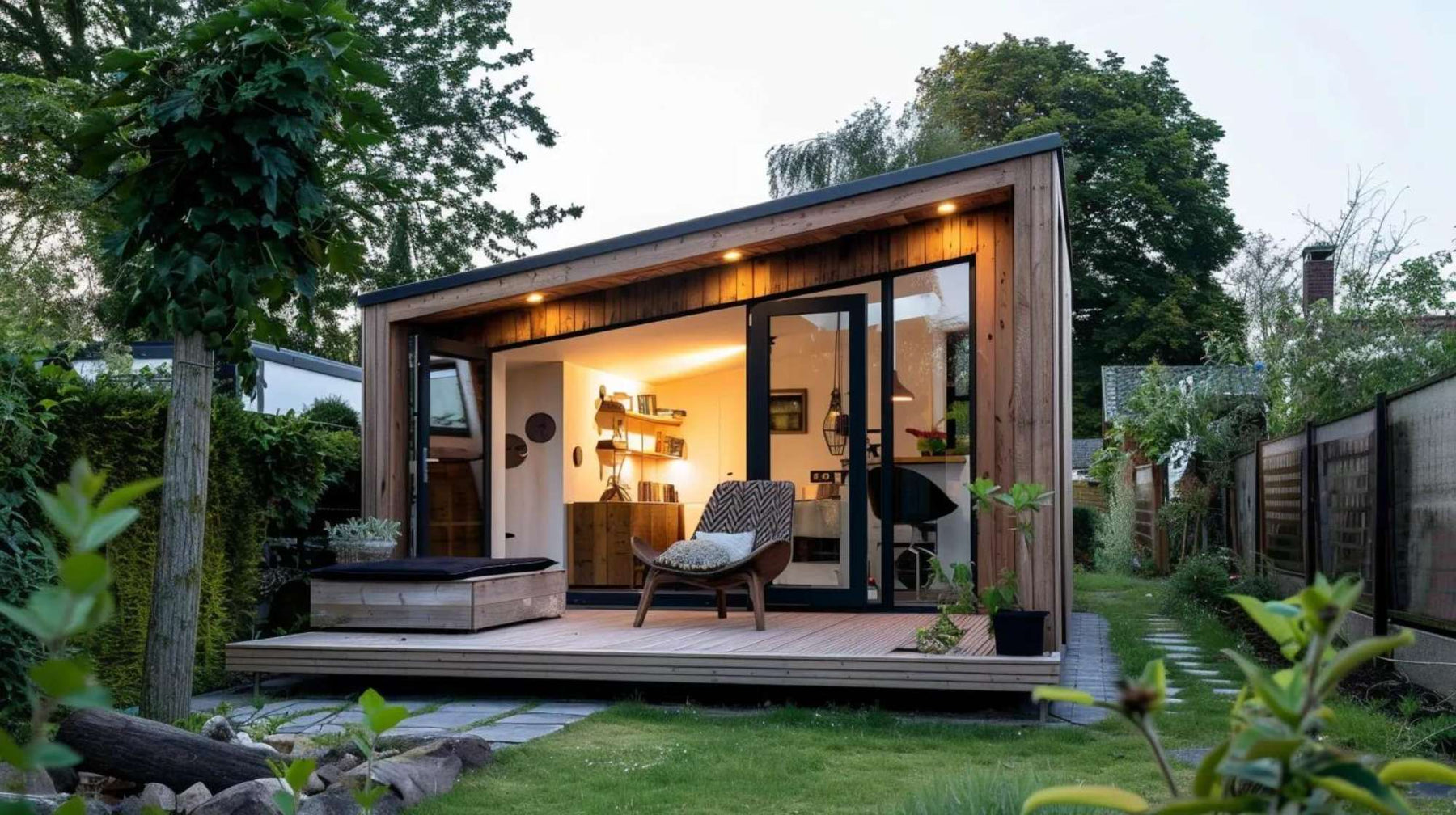 Modern wooden backyard studio with glass doors and a small deck, representing the tiny home vs rental property choice