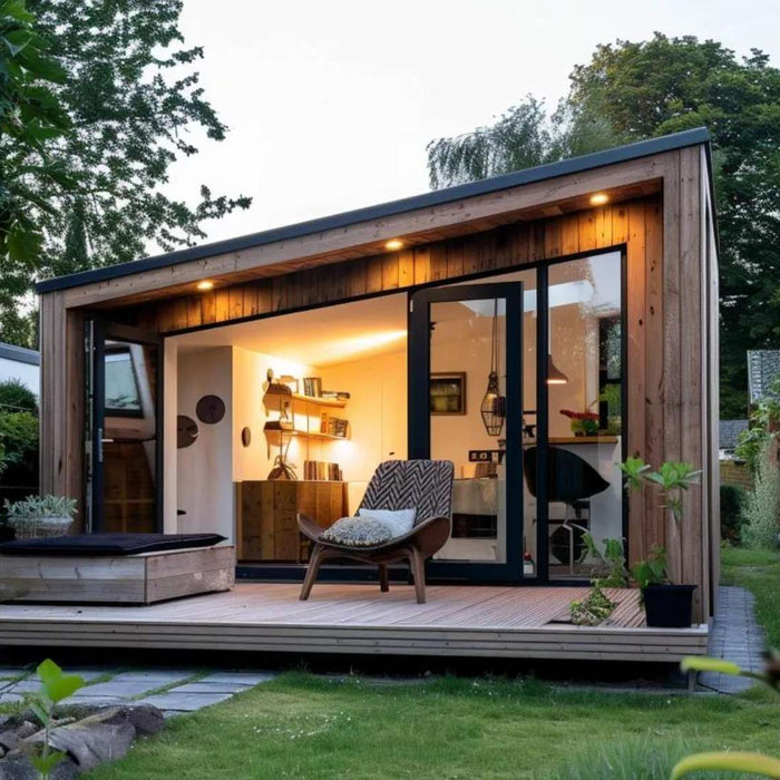 Modern wooden backyard studio with glass doors and a small deck, representing the tiny home vs rental property choice