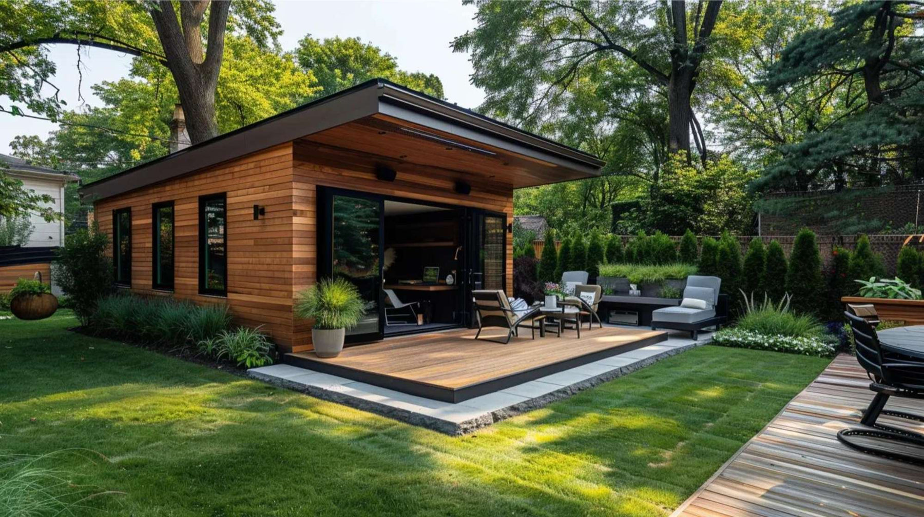 Modern wooden backyard studio with large glass doors and deck, shown as an ideal dropshipping home office surrounded by trees, lawn, and outdoor seating