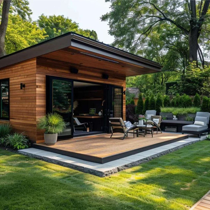 Modern wooden backyard studio with large glass doors and deck, shown as an ideal dropshipping home office surrounded by trees, lawn, and outdoor seating