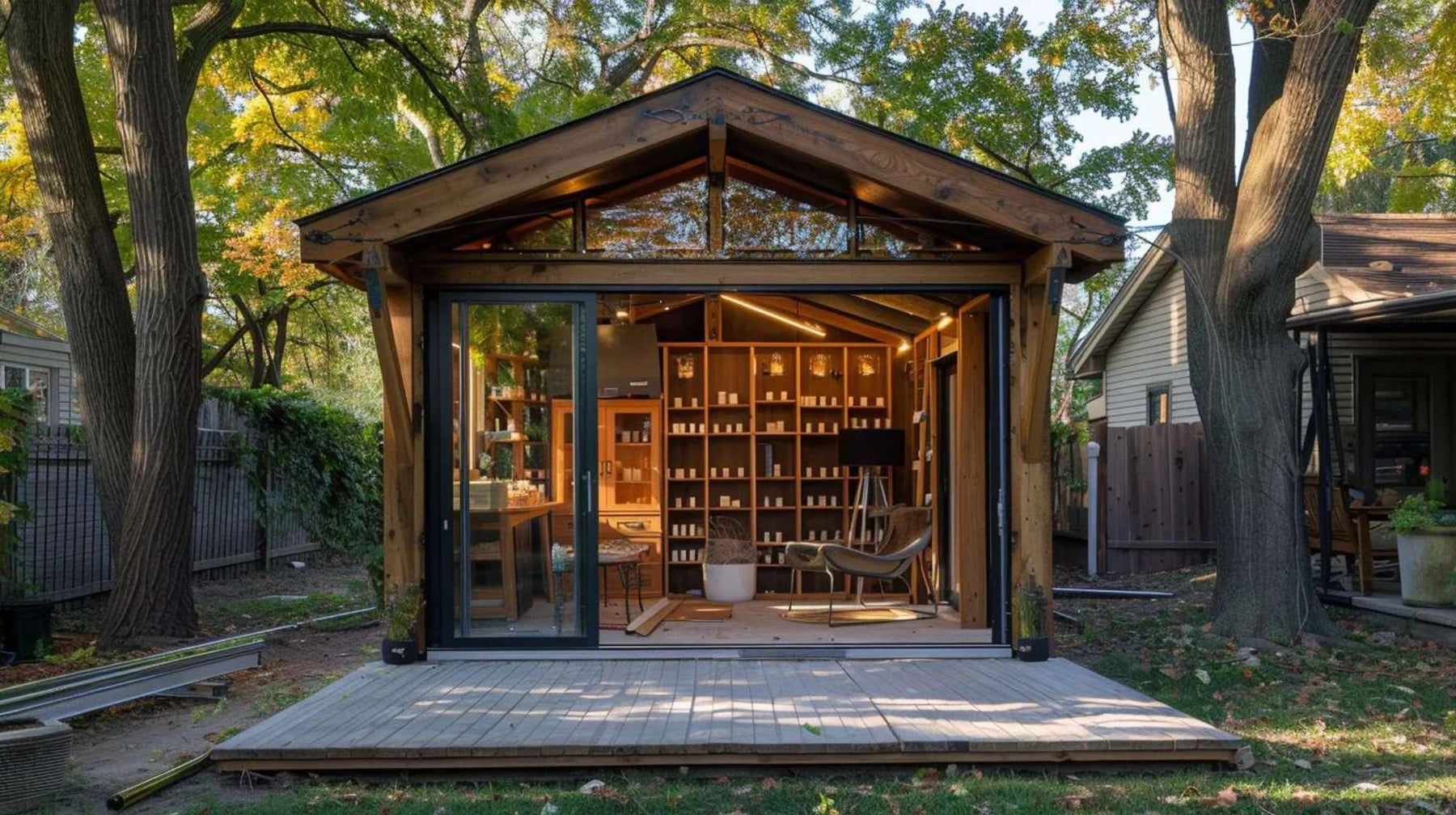 Modern wooden backyard studio with large glass doors and shelves of candles inside, showing an ideal setup for a candle business from shed