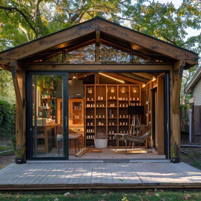 Modern wooden backyard studio with large glass doors and shelves of candles inside, showing an ideal setup for a candle business from shed