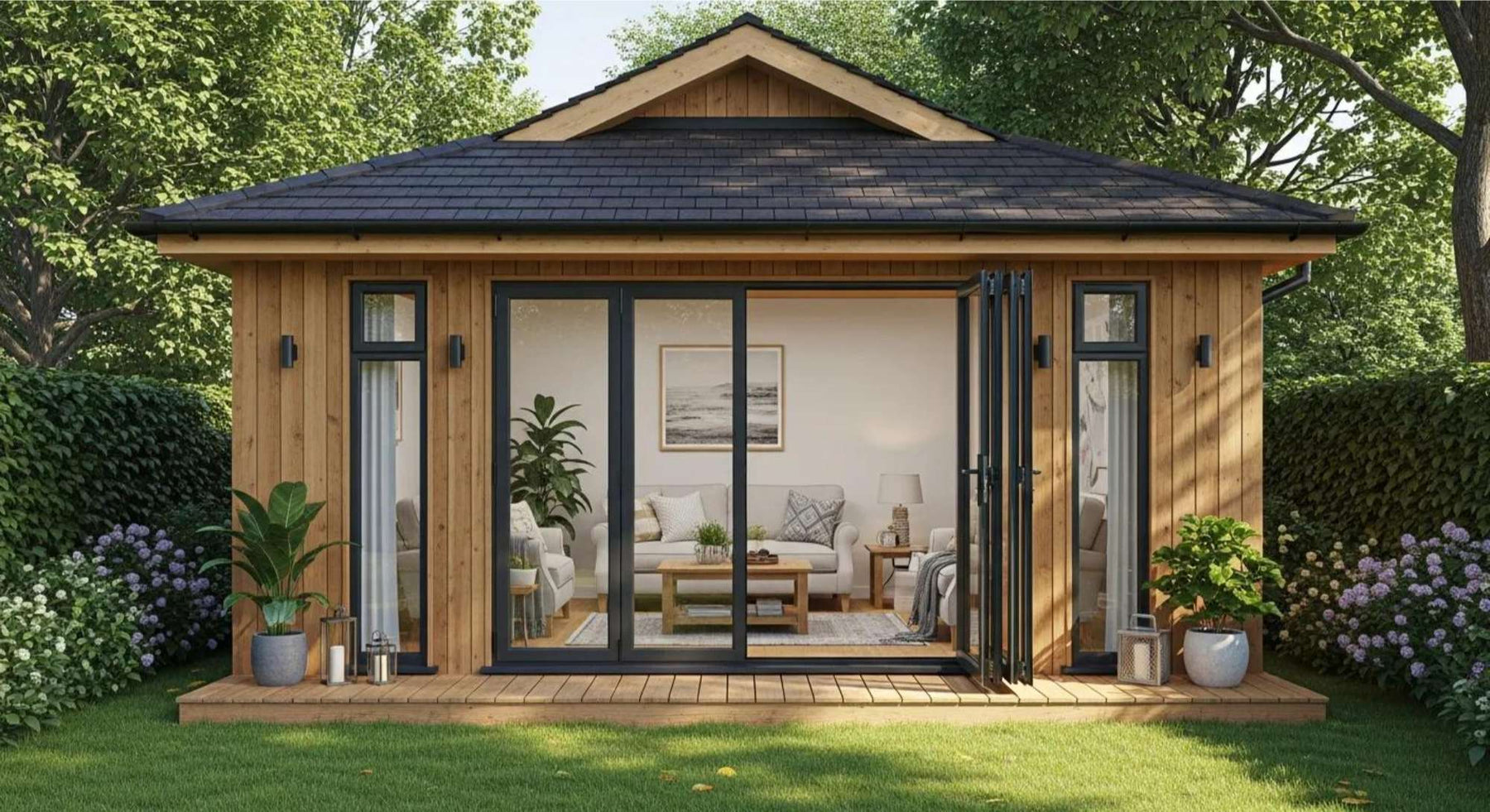 Modern wooden garden house midterm rental with large glass doors opens to a bright, cozy living space surrounded by greenery