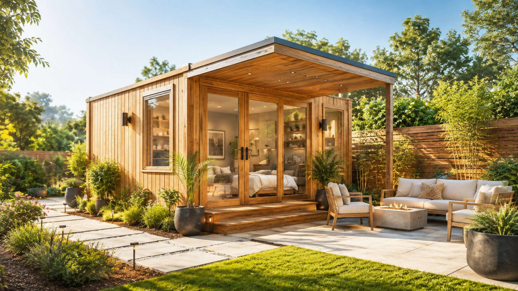 Modern wooden garden room with a sunny patio, outdoor seating, lush landscaping, and a cozy interior designed to support event-based Airbnb income