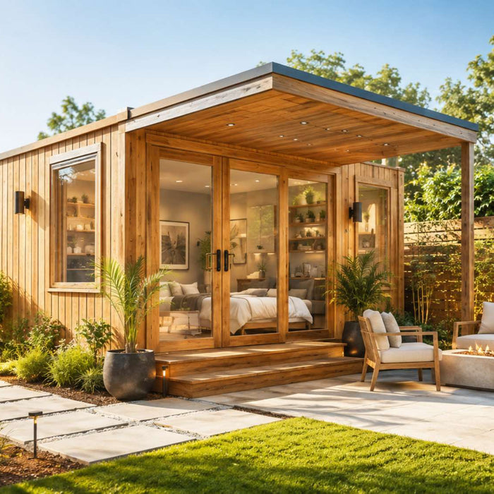 Modern wooden garden room with a sunny patio, outdoor seating, lush landscaping, and a cozy interior designed to support event-based Airbnb income