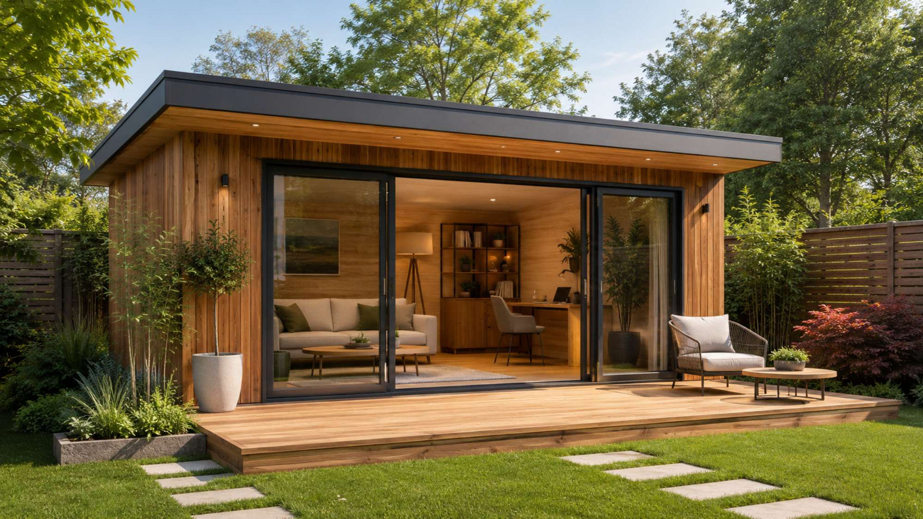 Modern wooden garden room with large glass doors and stylish furniture in a sunny backyard illustrates the truth behind garden room myths