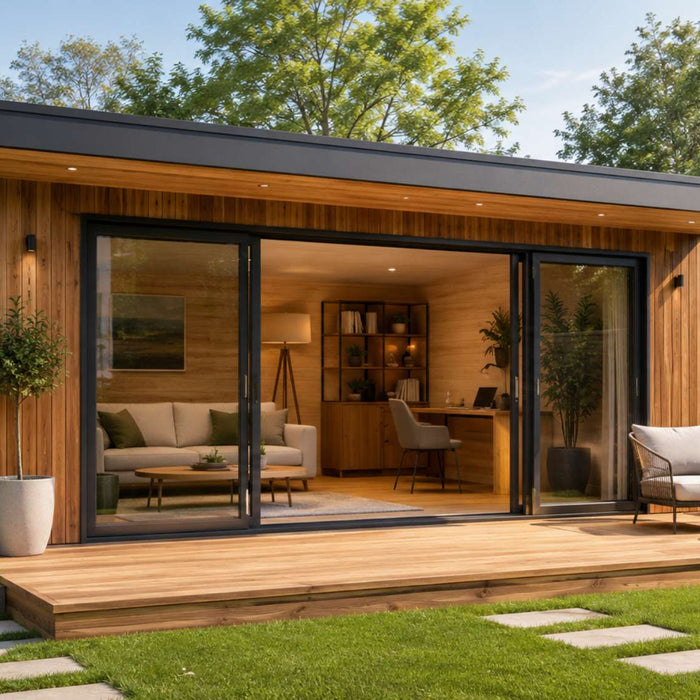 Modern wooden garden room with large glass doors and stylish furniture in a sunny backyard illustrates the truth behind garden room myths