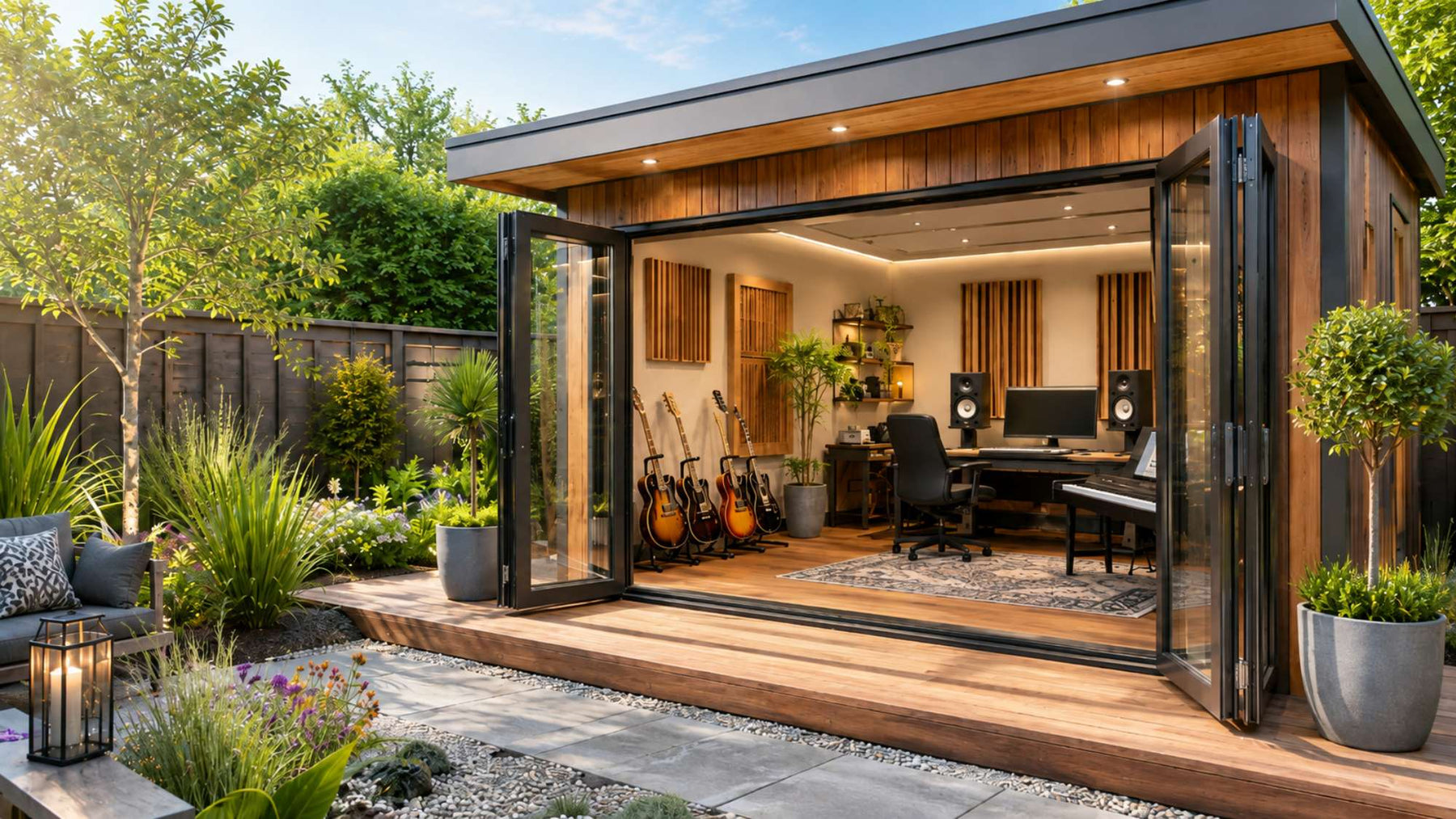 Modern wooden outdoor music room with open glass doors, guitars, keyboard, studio speakers, desk, and landscaped garden