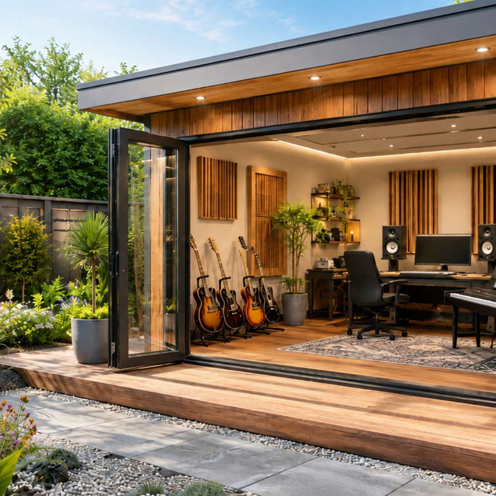 Modern wooden outdoor music room with open glass doors, guitars, keyboard, studio speakers, desk, and landscaped garden