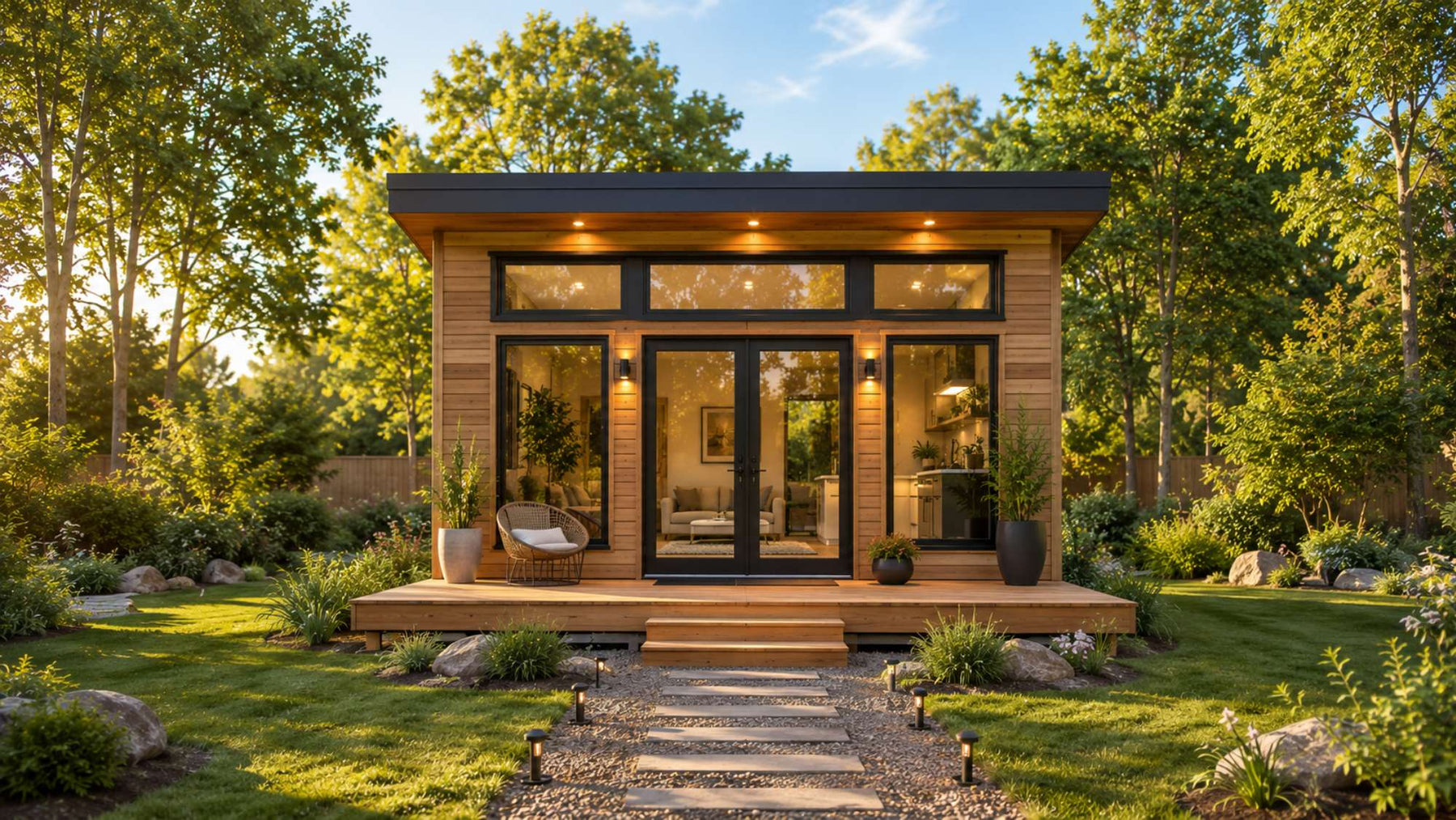 Modern wooden tiny home in a landscaped backyard for a tiny home rental pricing guide