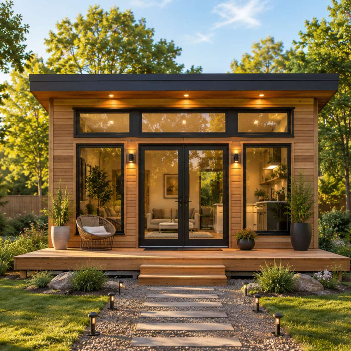 Modern wooden tiny home in a landscaped backyard for a tiny home rental pricing guide