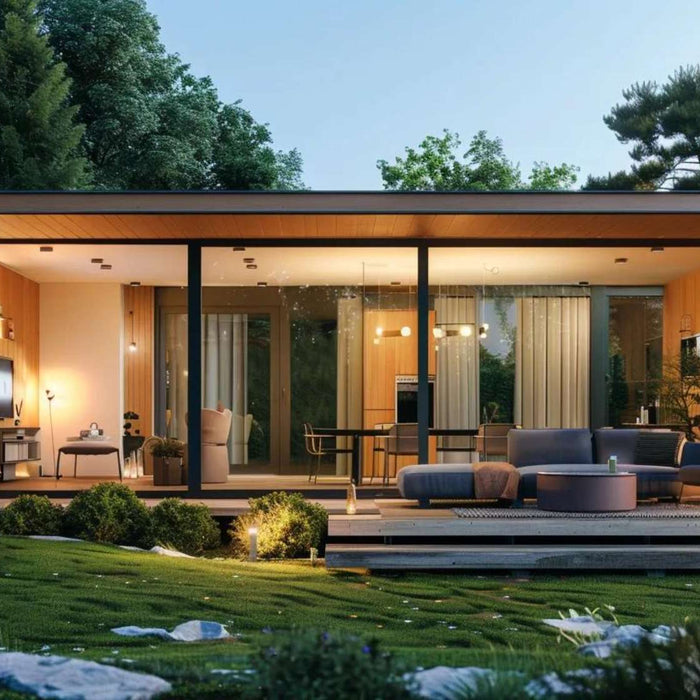 Modern Garden House for Adults with floor-to-ceiling glass walls, warm wood interiors, and cozy outdoor seating surrounded by lush greenery