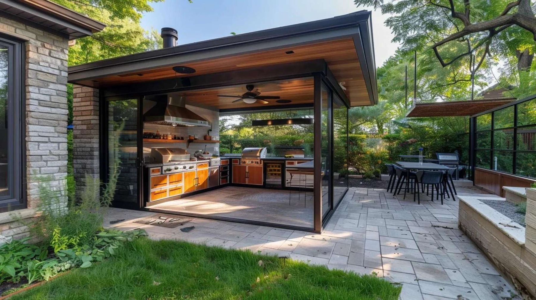 Modern backyard kitchen with sliding glass walls, built-in grill, and dining area, showing how can an outdoor kitchen be enclosed while staying open, bright, and connected to nature