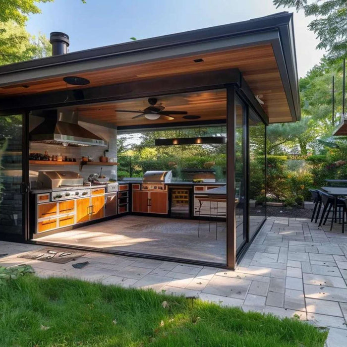 Modern backyard kitchen with sliding glass walls, built-in grill, and dining area, showing how can an outdoor kitchen be enclosed while staying open, bright, and connected to nature