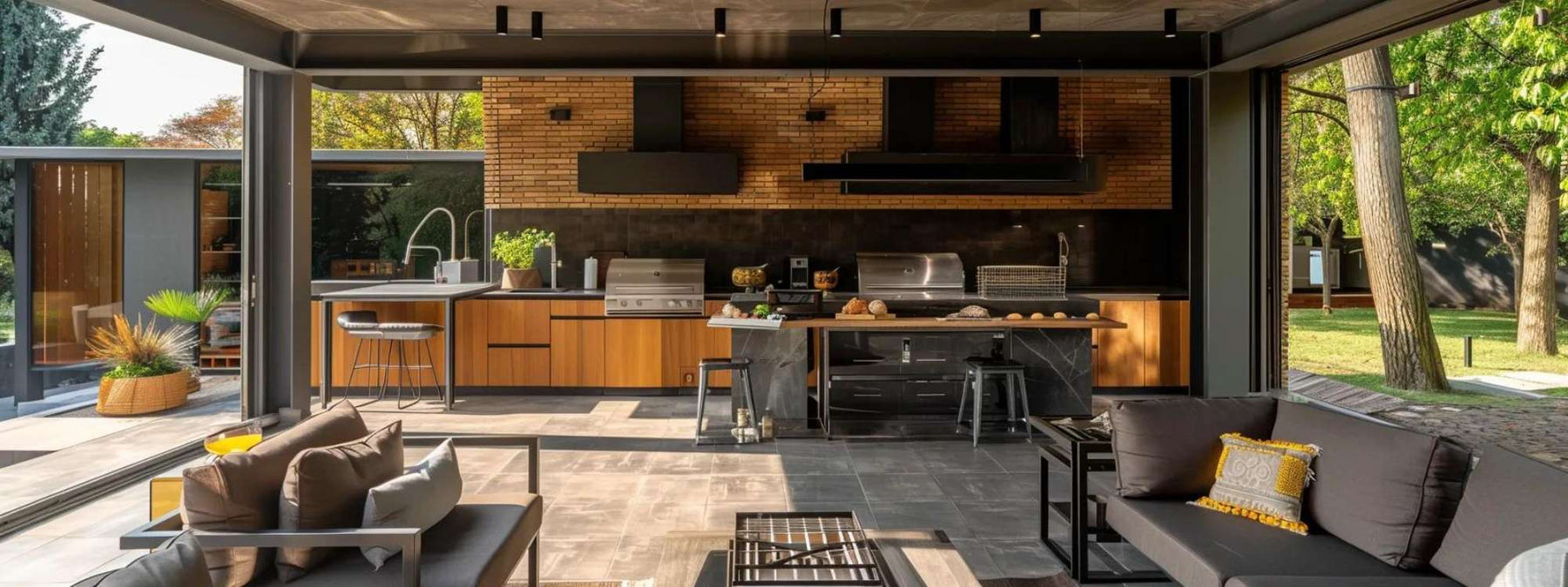 Modern covered outdoor kitchen with a solid roof and built-in appliances, showing how to cover outdoor kitchen areas for weather protection