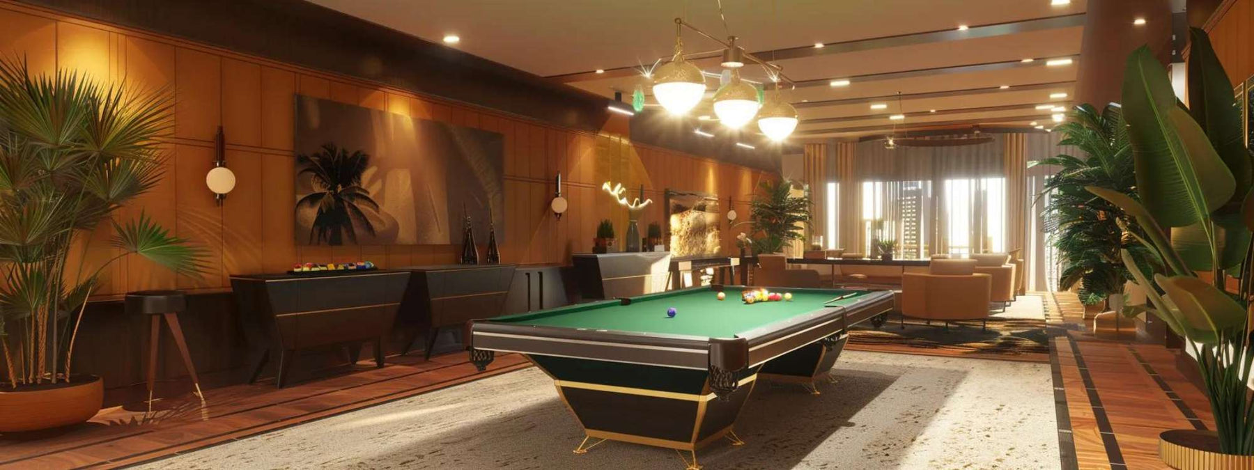 Modern game room for adults with a pool table, warm wood walls, lounge seating, indoor plants, and soft ambient lighting