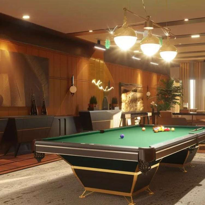 Modern game room for adults with a pool table, warm wood walls, lounge seating, indoor plants, and soft ambient lighting