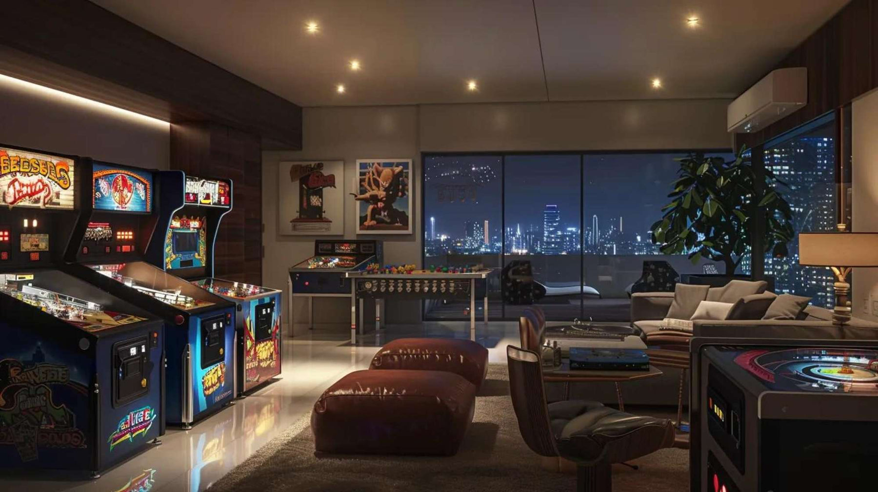 Modern game room with arcade cabinets, pinball machines, seating, and city views, showing what games to put in a game room for social and solo play