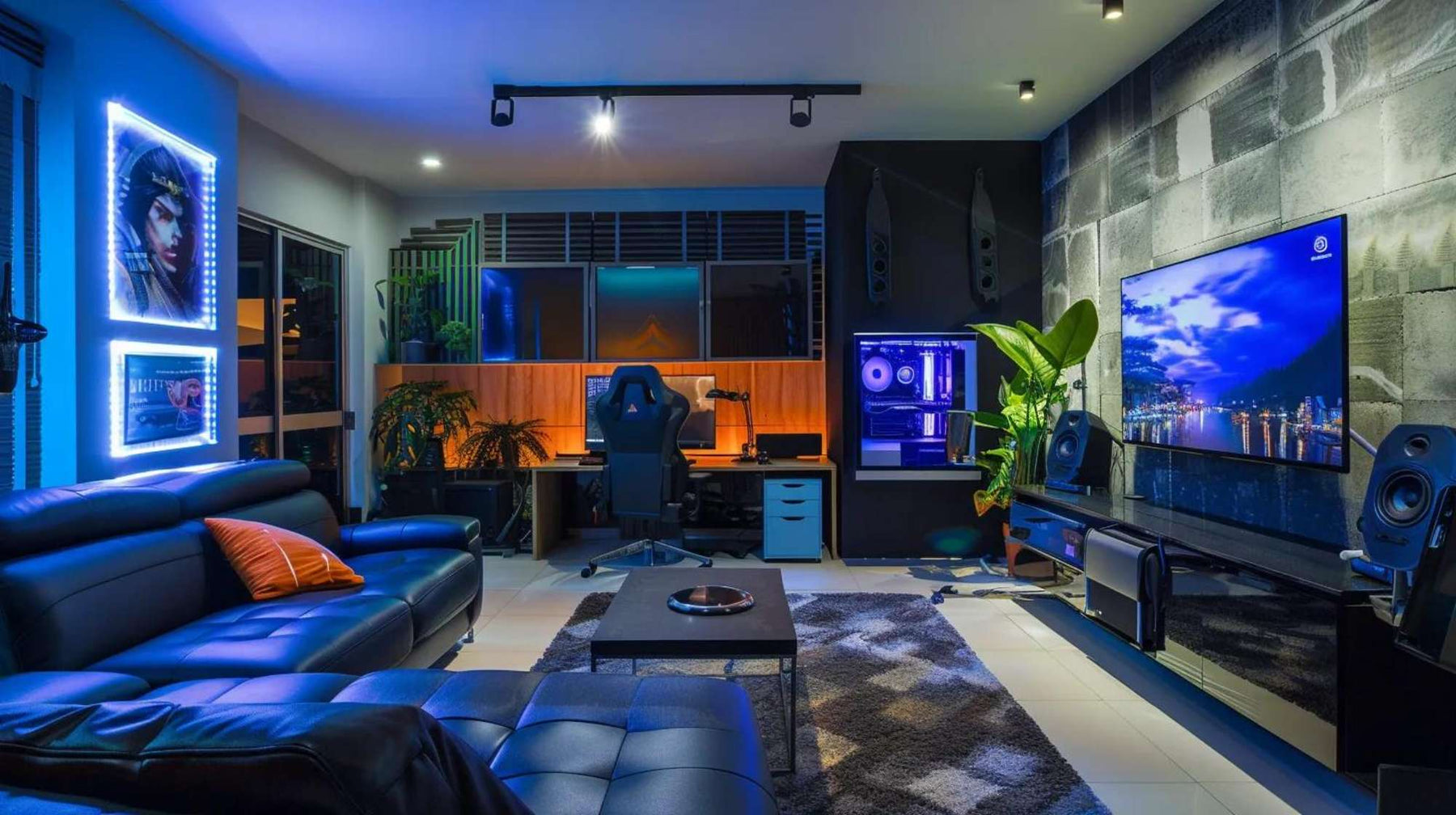 Modern gaming room with LED lighting, a large leather sectional, and a central lounge setup showing stylish game room seating in a cozy entertainment space