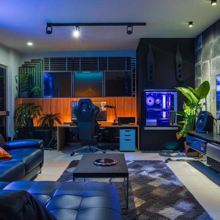 Modern gaming room with LED lighting, a large leather sectional, and a central lounge setup showing stylish game room seating in a cozy entertainment space