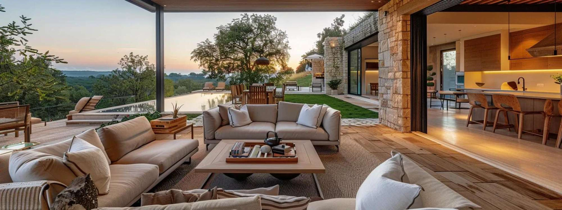 Modern garden house and home with an open indoor living space connected to a covered outdoor patio and surrounding greenery