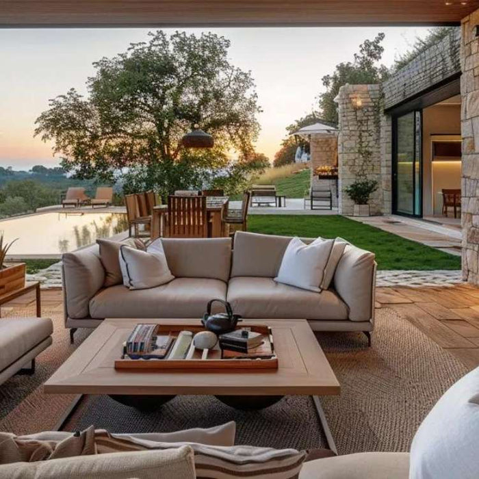 Modern garden house and home with an open indoor living space connected to a covered outdoor patio and surrounding greenery