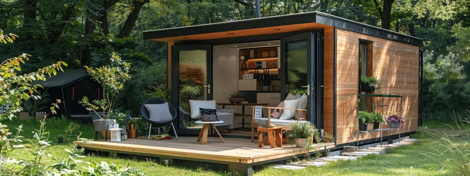 Modern garden house with glass doors and deck in a green setting, showing a compact garden house floor plan for indoor-outdoor living