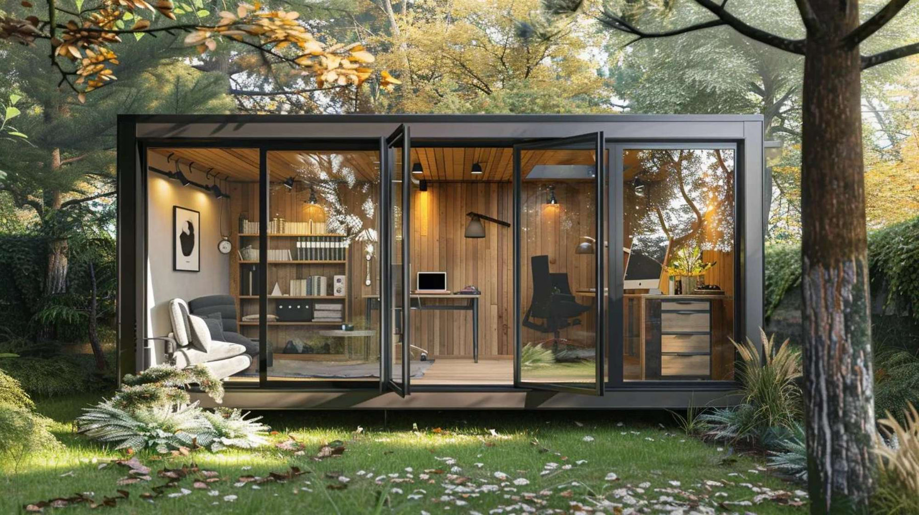 Modern glass shed in a wooded backyard with desks and seating shows how can a she shed also be a man cave works as a shared, functional retreat