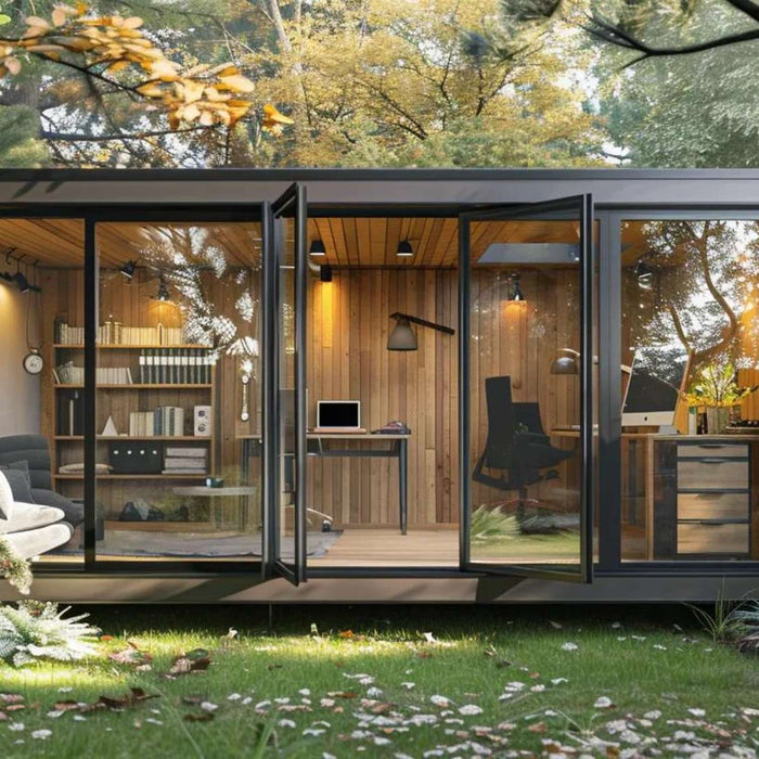Modern glass shed in a wooded backyard with desks and seating shows how can a she shed also be a man cave works as a shared, functional retreat