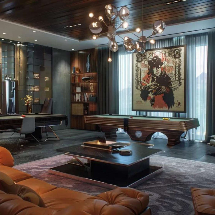 Modern luxury game room with pool tables, leather seating, and bold artwork, relating to who invented the term man cave
