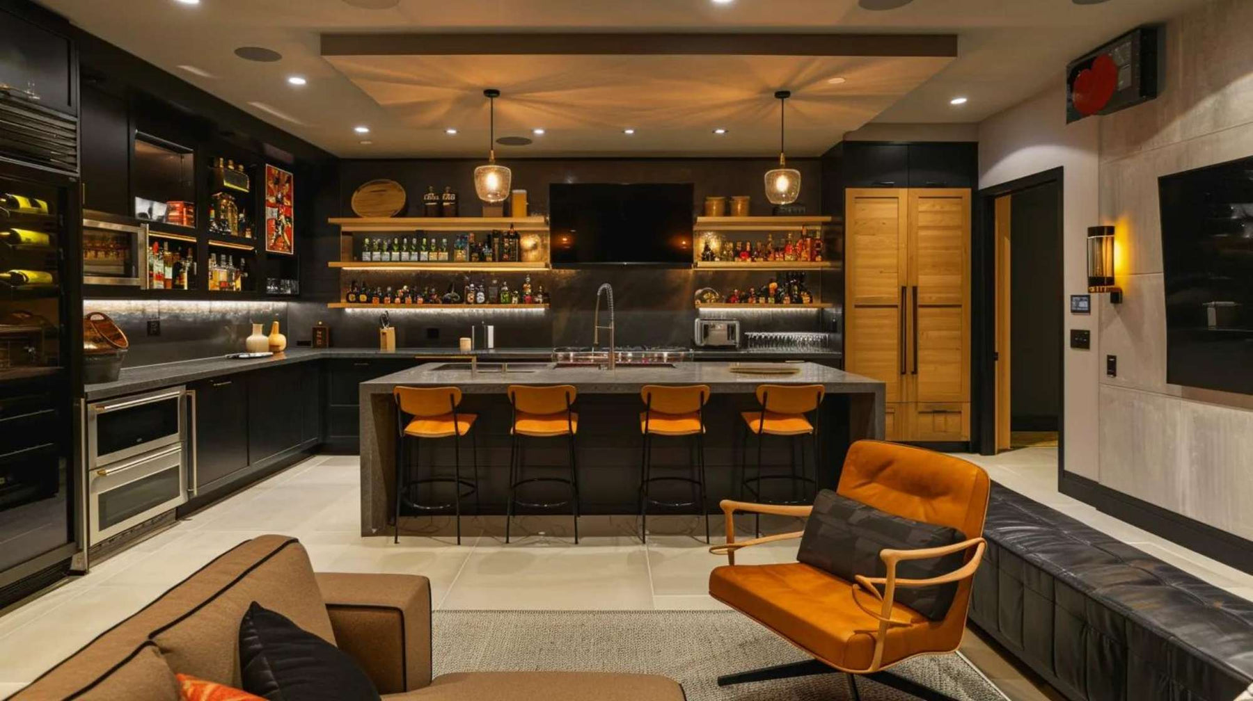 Modern man cave with kitchen showing a dark cabinet bar, large island with stools, open bottle shelves, warm lighting, and nearby lounge seating