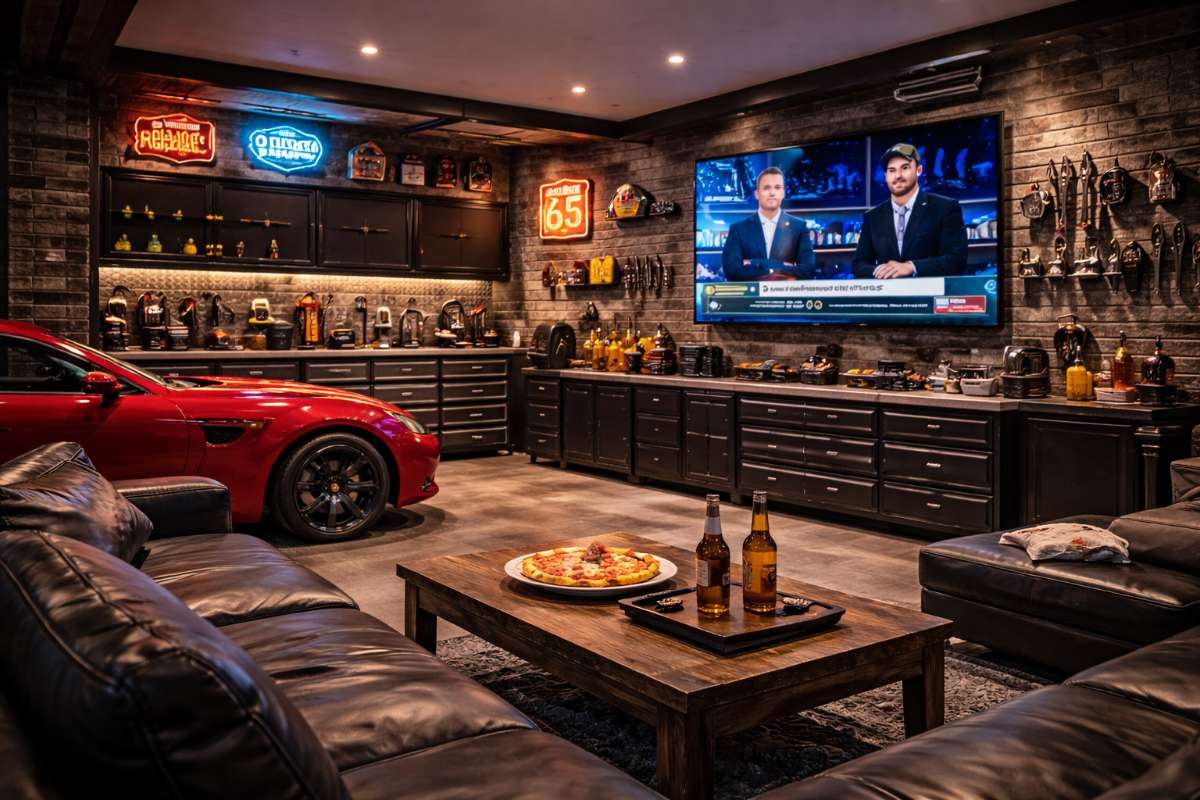 Modern man cave with leather sofas, a TV, a red sports car, and a coffee table, showing why do men feel like they need a man cave for personal space and relaxation